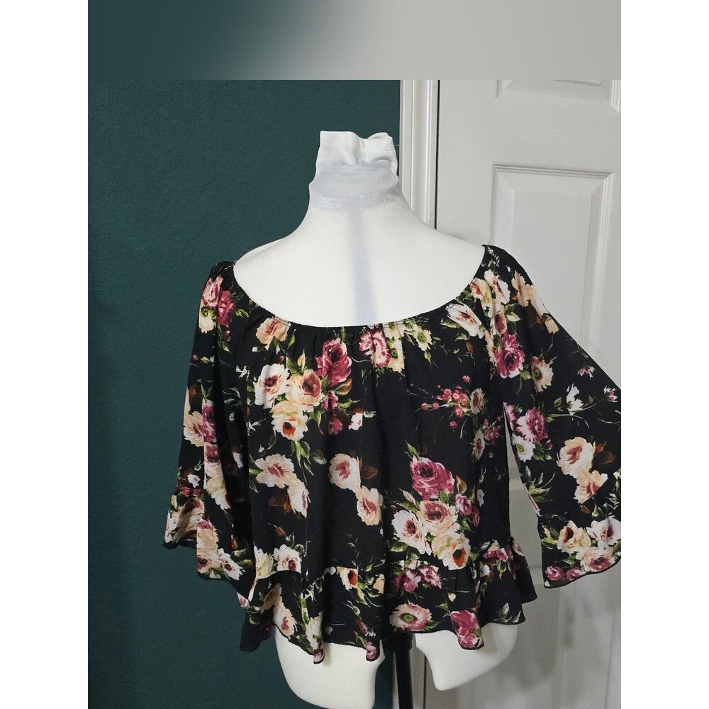 Floral Off Shoulder Peasant Blouse Top Free Kisses Black Size M Whimsigoth Boho - Picture 9 of 9